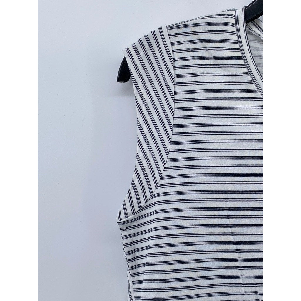 LOFT OUTLET Women's Petite White-Gray Striped Crewneck Ruffle-Hem Top M/P