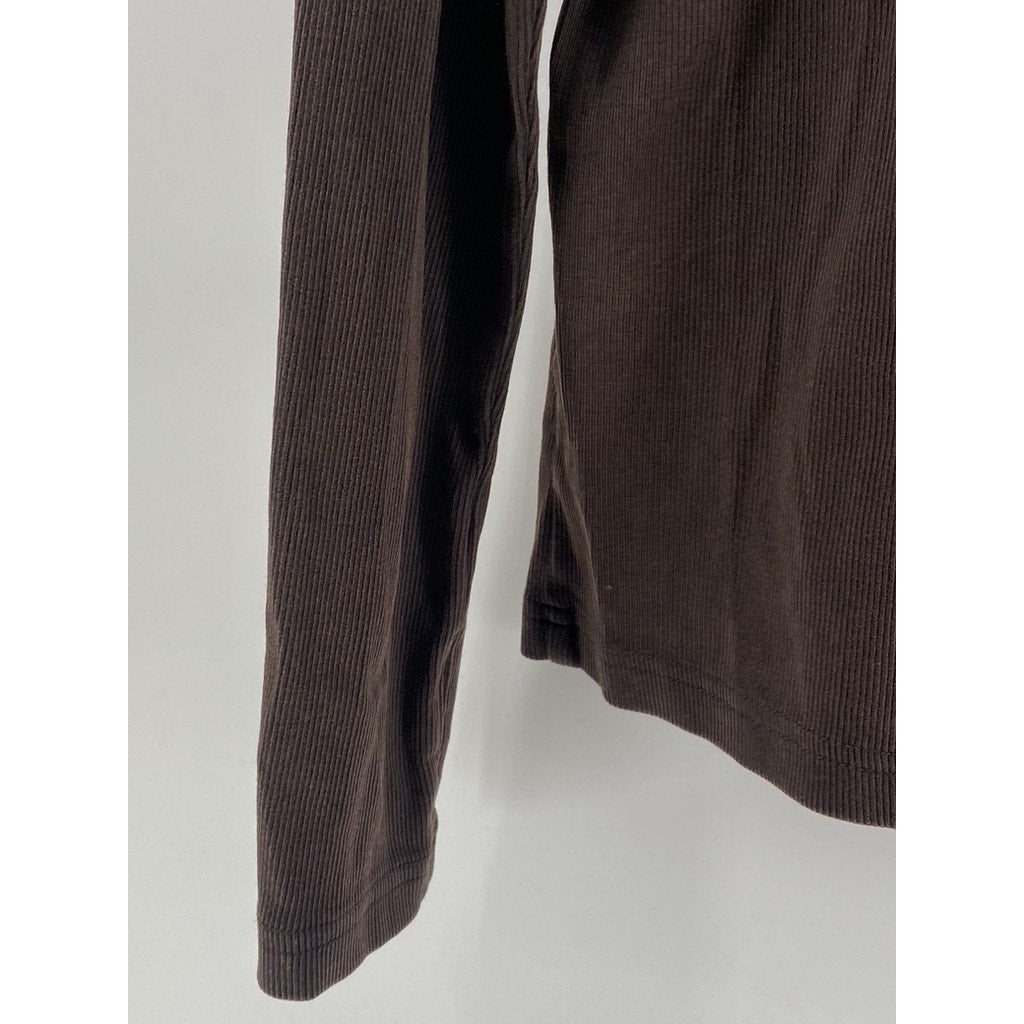 GU Men's Dark Brown Ribbed Crewneck Washed Slim-Fit Long Sleeve T-Shirt SZ L
