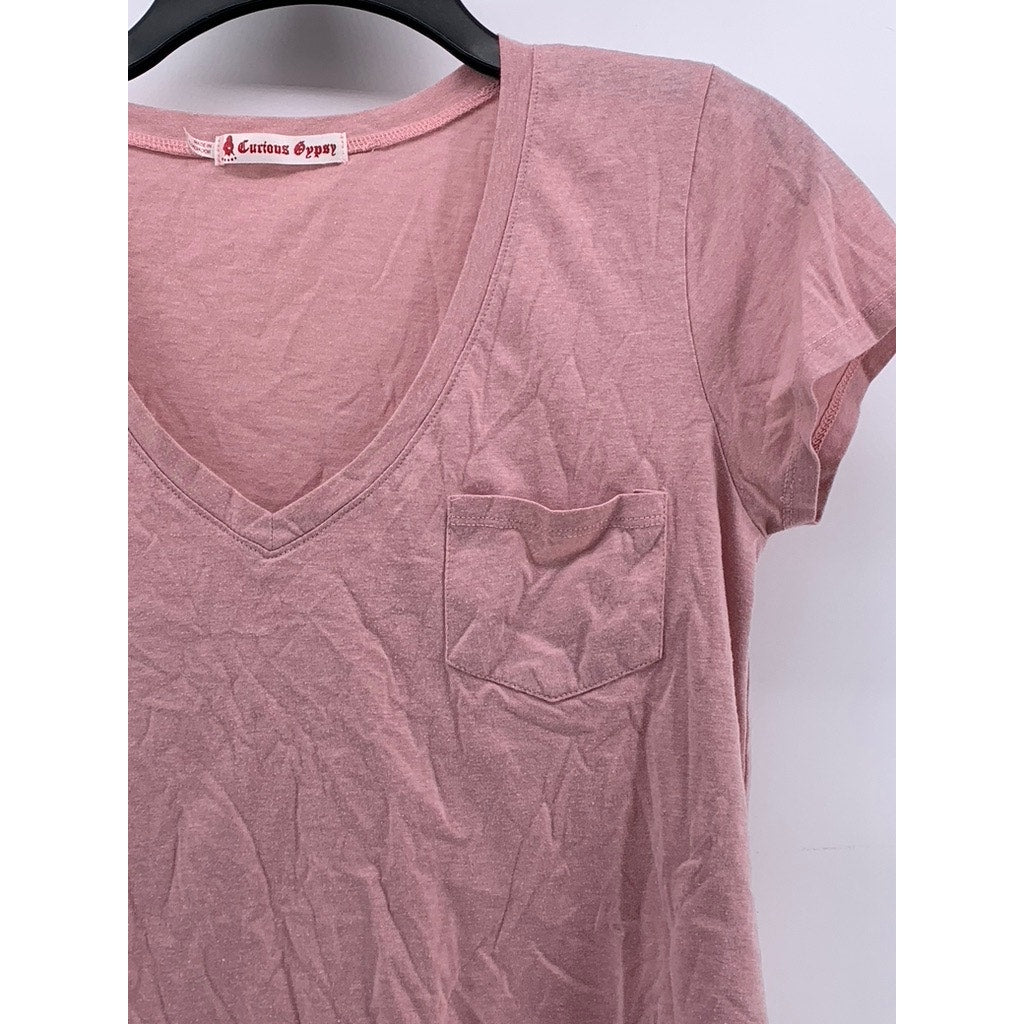 CURIOUS GYPSY Women's Pink V-Neck Short Sleeve T-Shirt SZ M