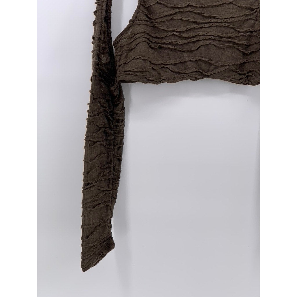 SHEIN Women's Brown Sheer Textured Long Sleeve Cutout Crewneck Crop Top SZ 8/10