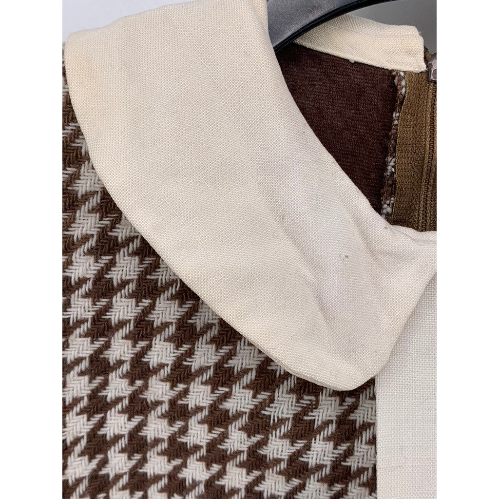 UNBRANDED Women's Brown-Cream Houndstooth Prairie Long Sleeve Sheath Dress SZ S