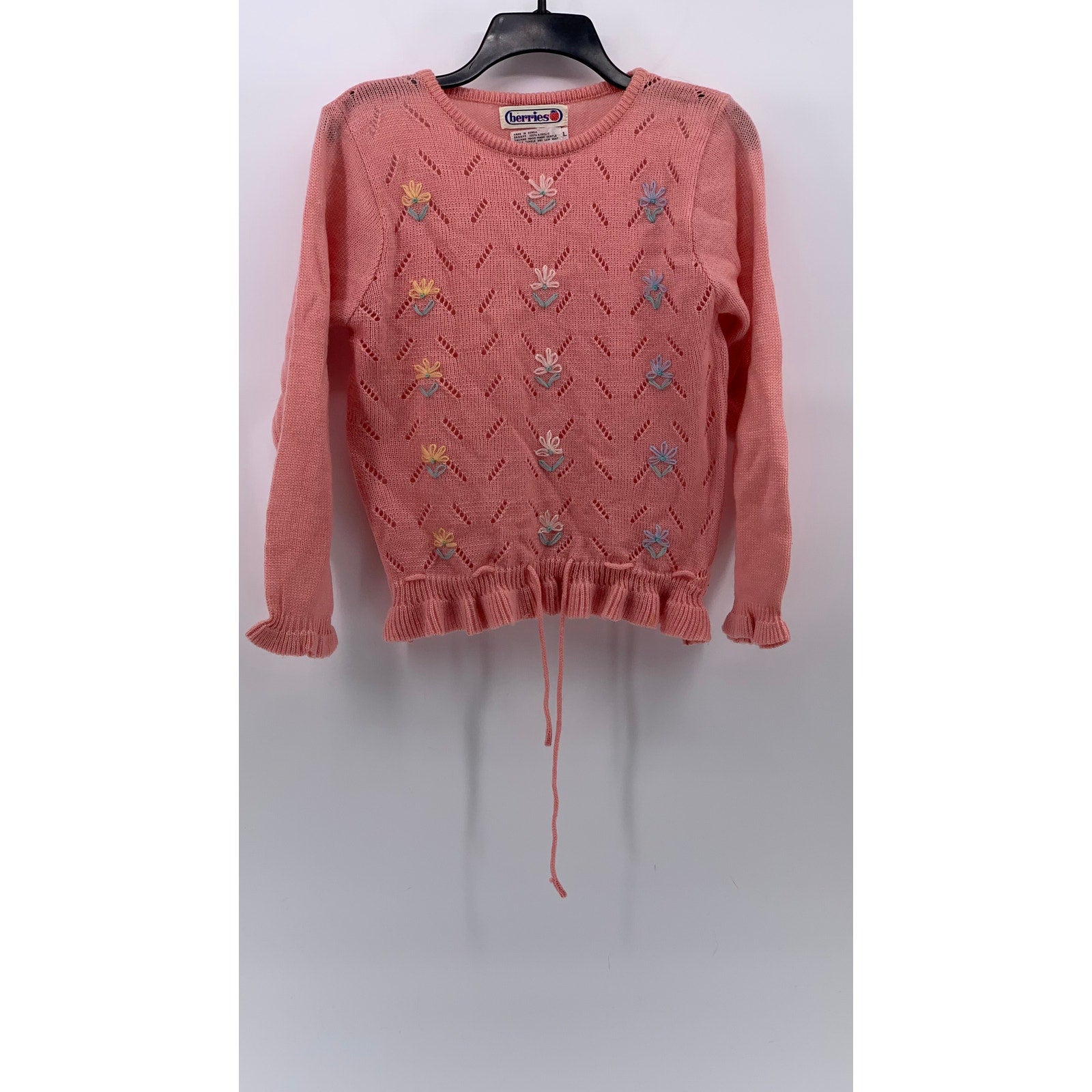 BERRIES Women's Vintage Pink Knit Floral Cutout Long Sleeve Ruffle Sweater SZ L