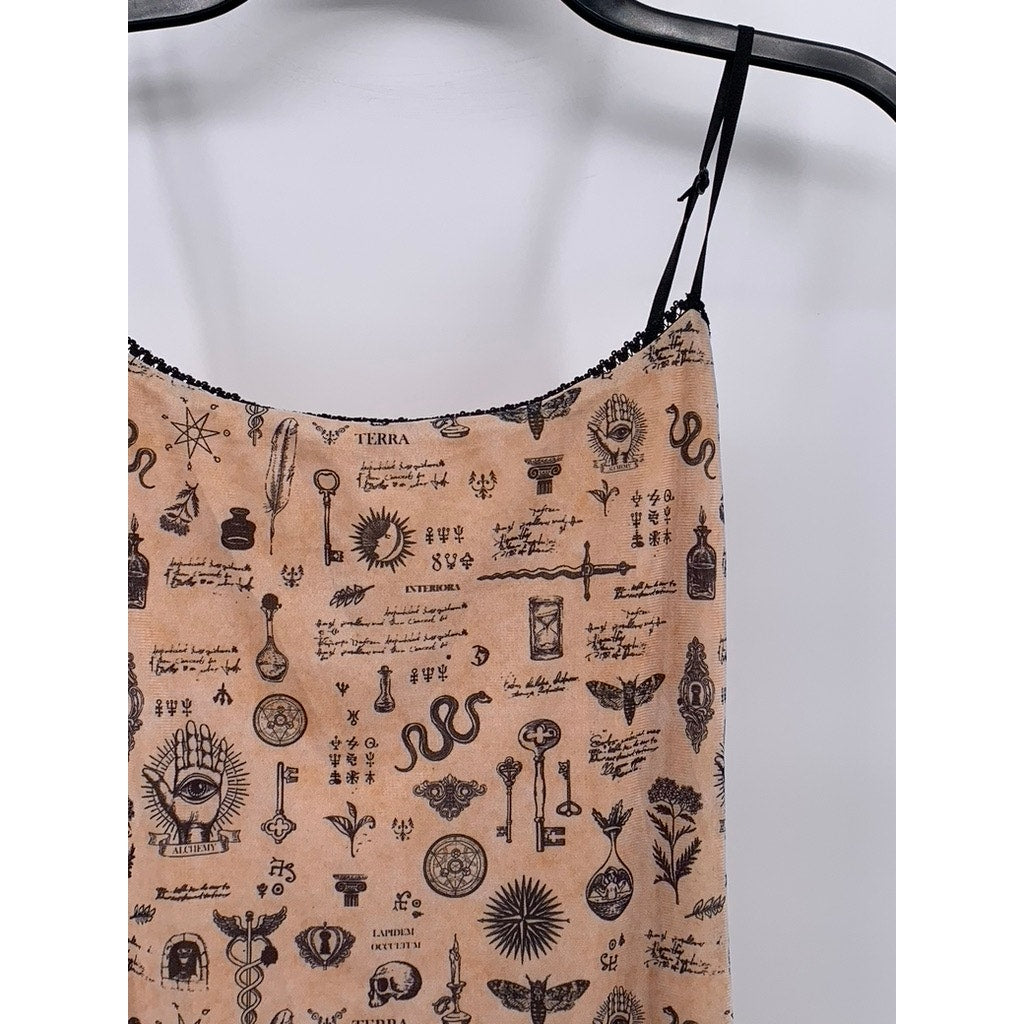 PRINCESS POLLY Women's Black-Beige Printed Scoop-Neck Spaghetti Strap Dress SZ 4