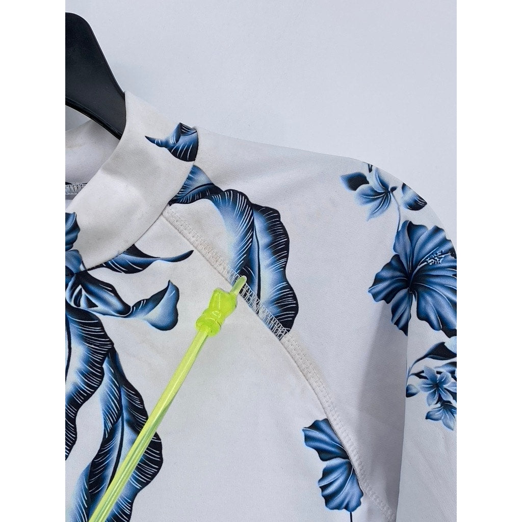 UNBRANDED Women's White-Blue Floral Crewneck Long Sleeve Cropped Swim Top SZ L