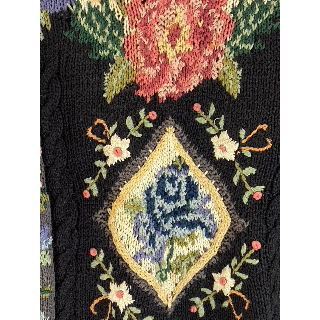 CRYSTAL-KOBE Women's Black Vintage Floral Thick Knit Crewneck Sweater SZ M