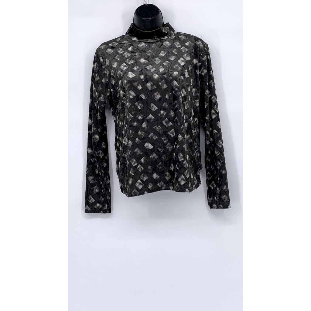 NOVELIA Women’s Charcoal Gray Printed Velvet Long Sleeve Turtleneck Top SZ M