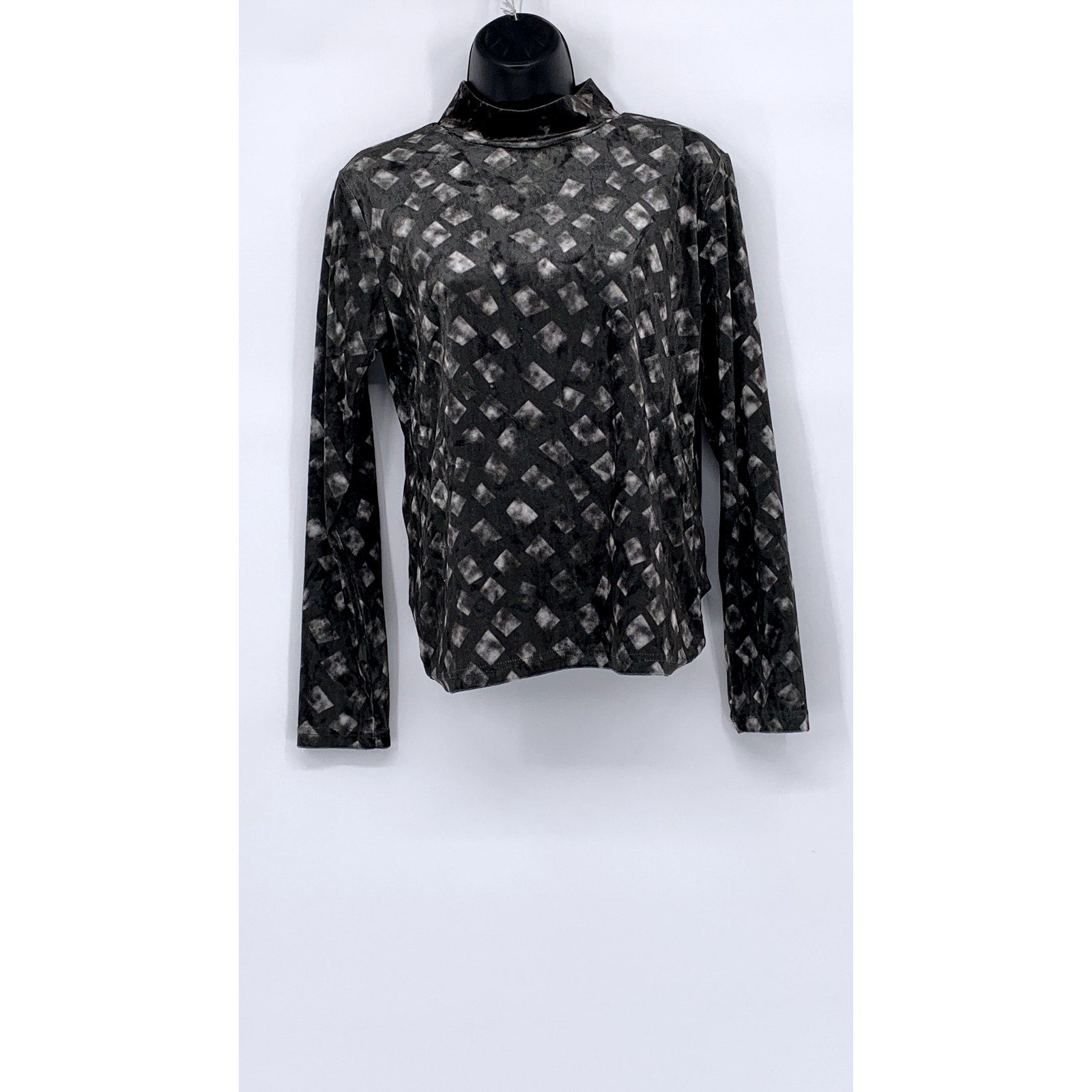 NOVELIA Women’s Charcoal Gray Printed Velvet Long Sleeve Turtleneck Top SZ M