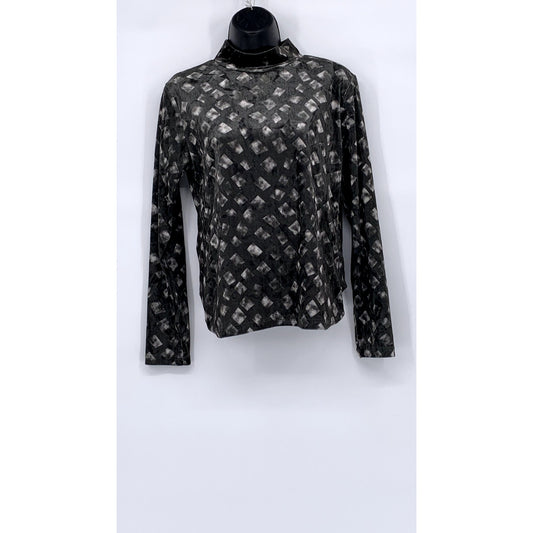 NOVELIA Women’s Charcoal Gray Printed Velvet Long Sleeve Turtleneck Top SZ M