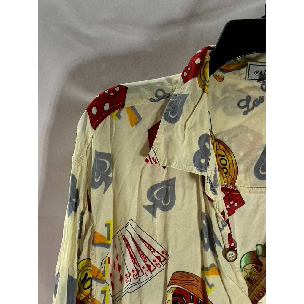 PASSION-1 Men's Vintage Yellow Casino Print Short Sleeve Button-Up Shirt SZ XL