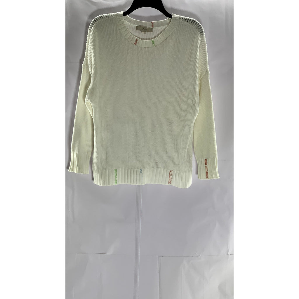 LOFT Women's White Knit Crewneck Elliptical Hem Pullover Sweater SZ XL