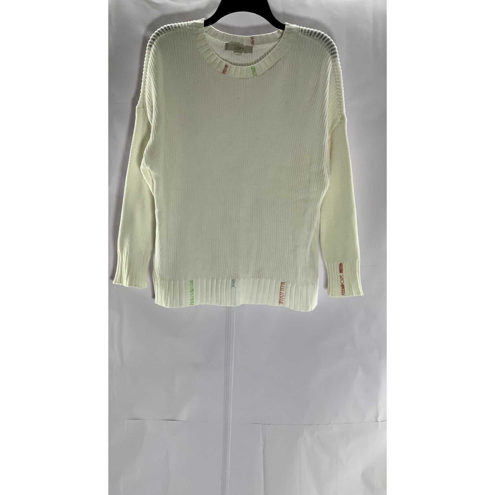 LOFT Women's White Knit Crewneck Elliptical Hem Pullover Sweater SZ XL