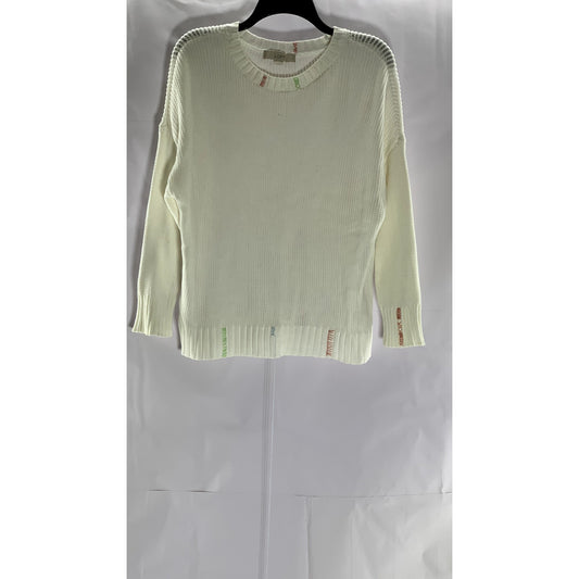 LOFT Women's White Knit Crewneck Elliptical Hem Pullover Sweater SZ XL