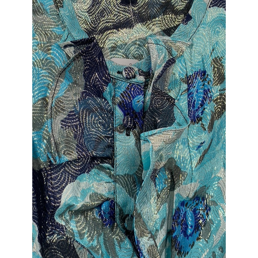 J.CREW Women's Blue Shimmer Floral Jacquard Ruffle-Front Top SZ S