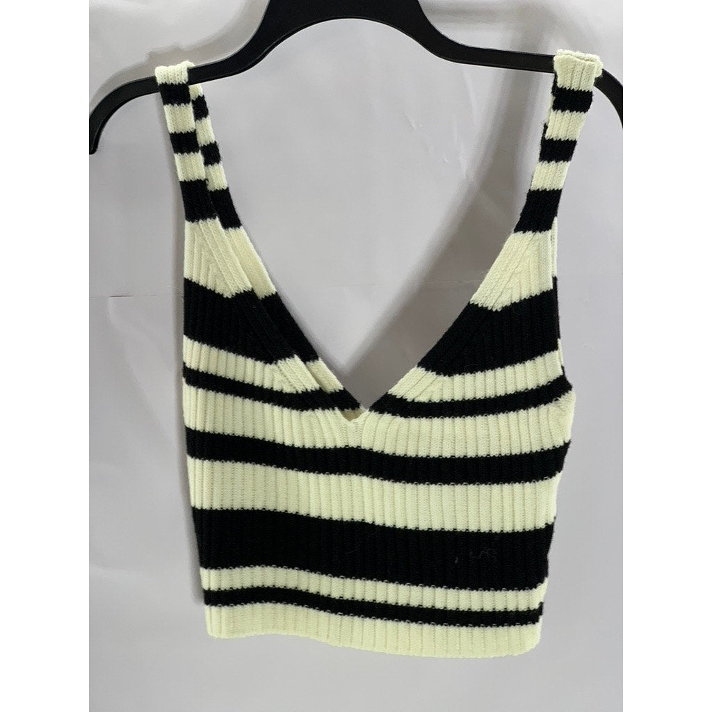 UNBRANDED Women's Black/Cream Striped Double V-Neck Knit Crop Tank Top SZ XS