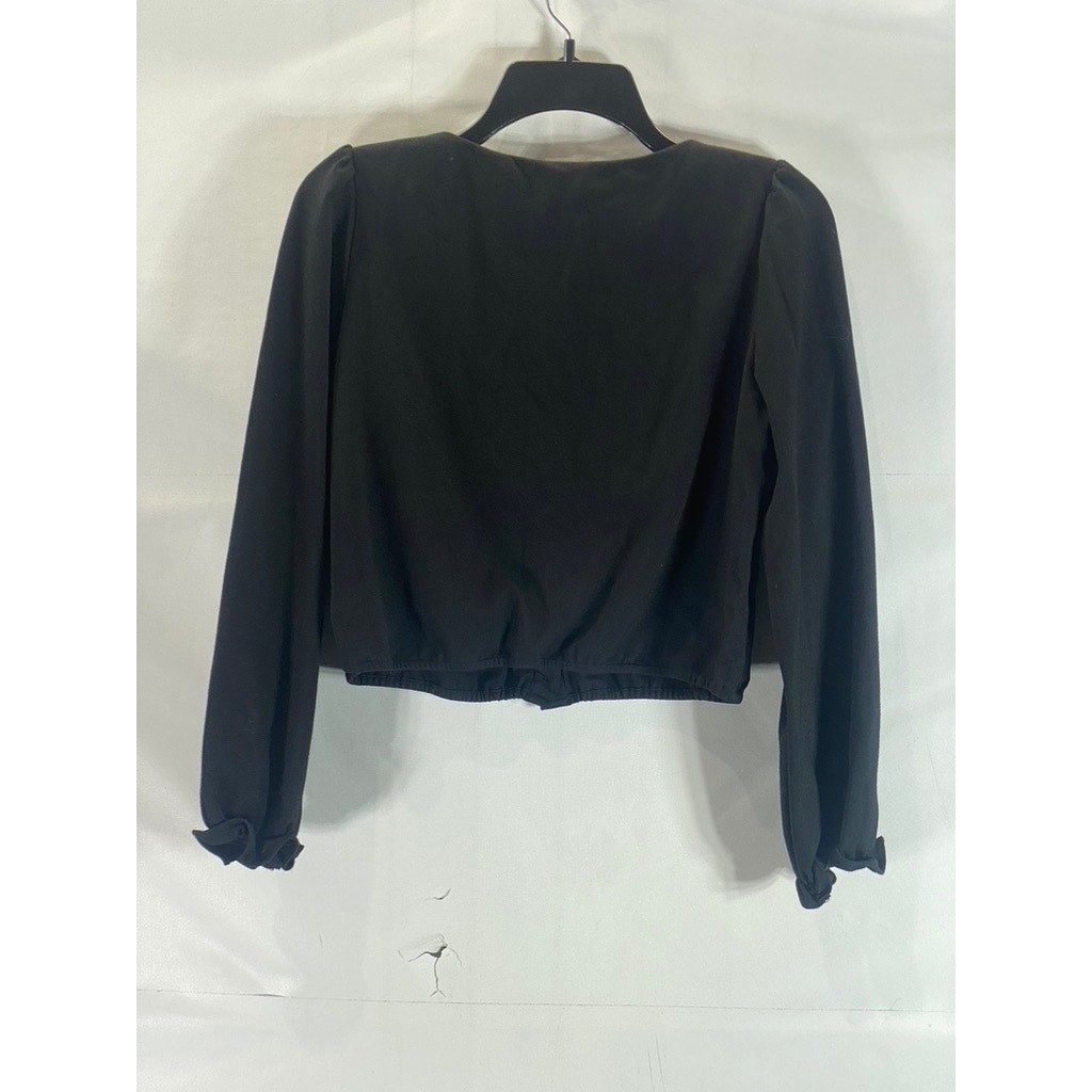 ALXNAN STUDIO Women's Black Square-Neck Long-Sleeve Button-Up Cropped Top SZ L