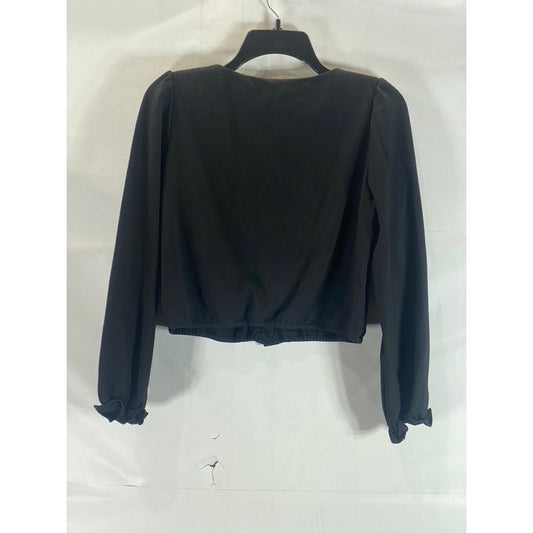 ALXNAN STUDIO Women's Black Square-Neck Long-Sleeve Button-Up Cropped Top SZ L