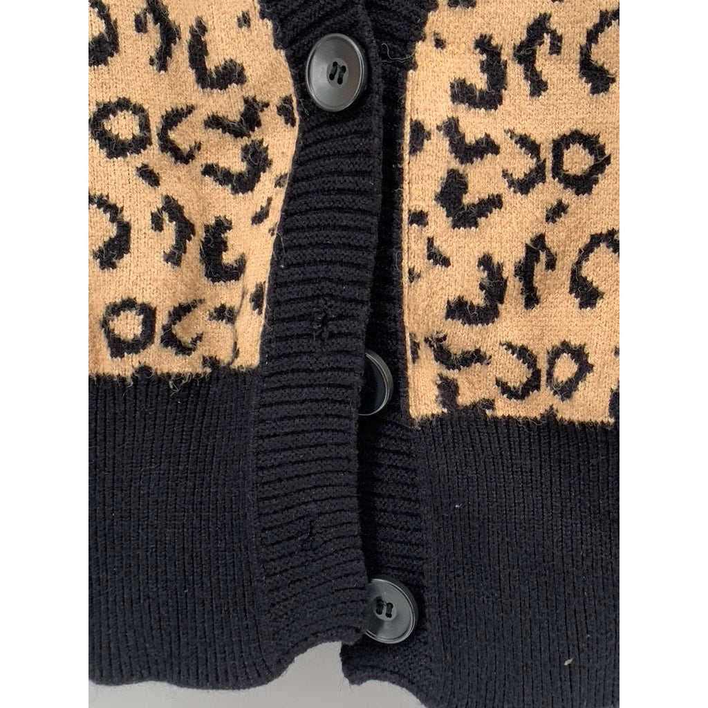 UNBRANDED Women's Black-Brown Leopard Cropped Knit Long Sleeve Cardigan SZ S