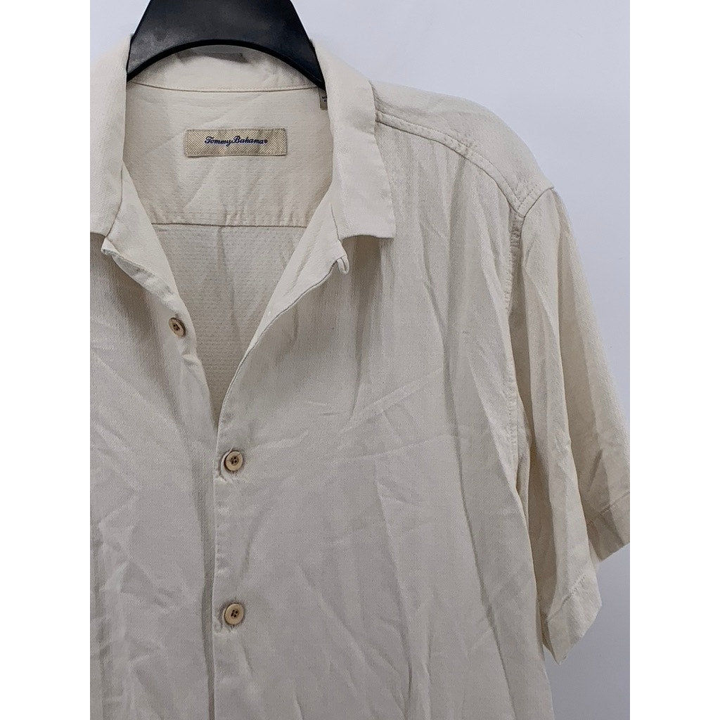 TOMMY BAHAMA Men's Beige Silk Blend Button-Up Short Sleeve Shirt SZ