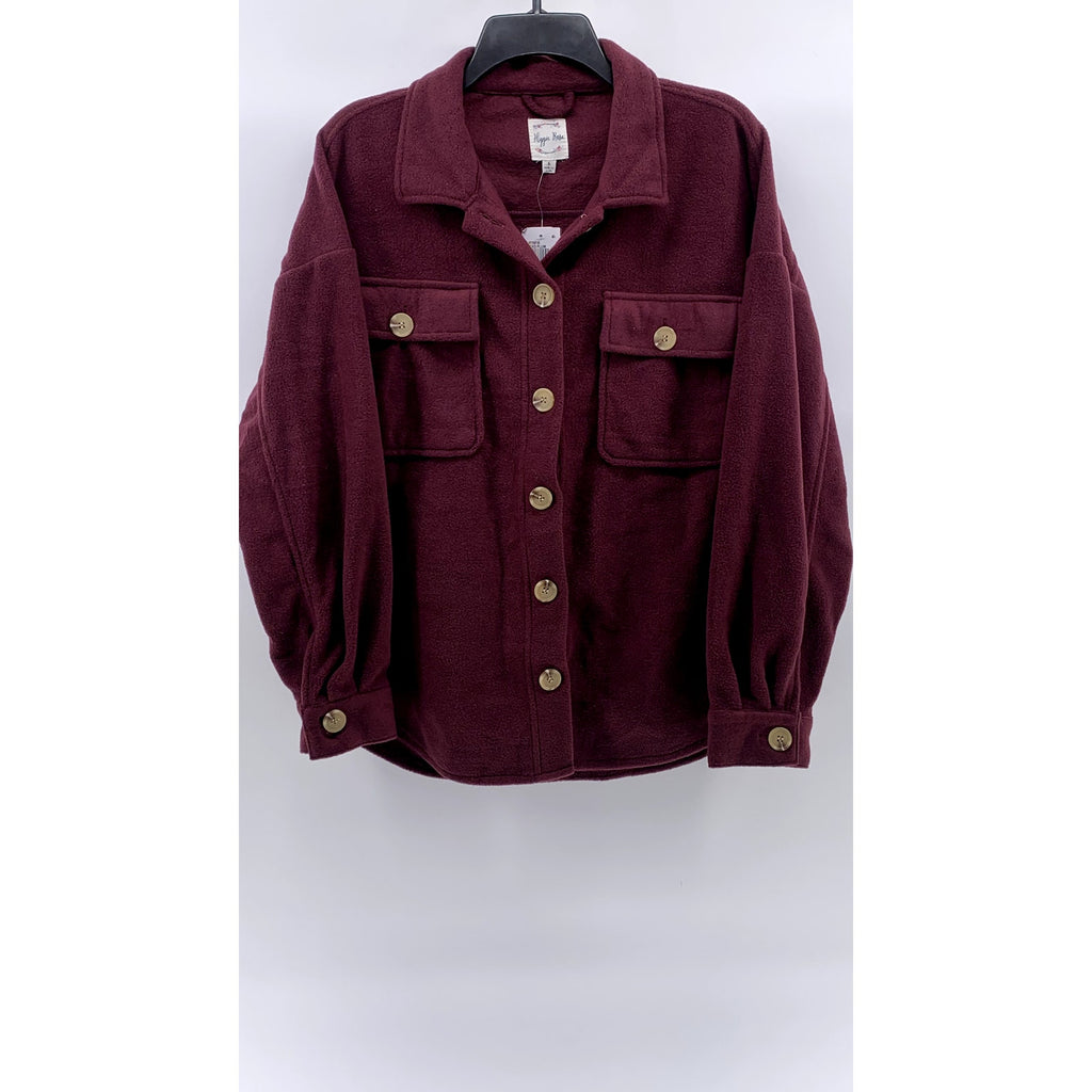 HIPPIE ROSE Women's Juniors' Burgundy Button-Up Long Sleeve Fleece Shacket SZ L