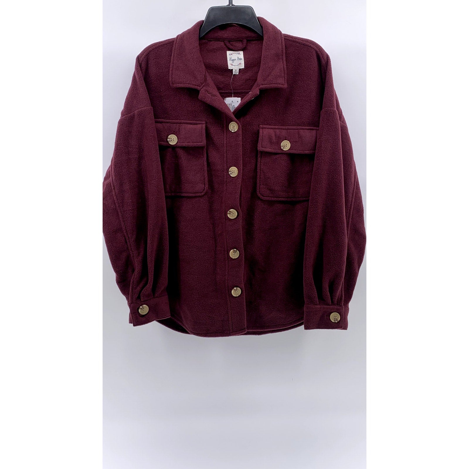 HIPPIE ROSE Women's Juniors' Burgundy Button-Up Long Sleeve Fleece Shacket SZ L