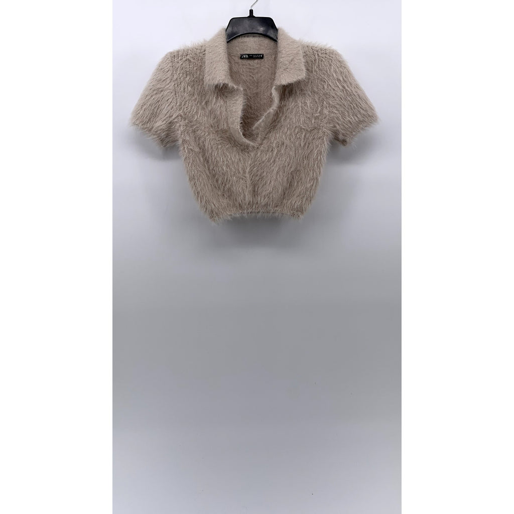 ZARA Women's Beige Fuzzy Knit Split-Neck Short Sleeve Cropped Polo Top SZ S
