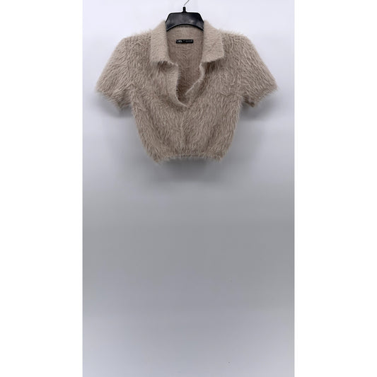 ZARA Women's Beige Fuzzy Knit Split-Neck Short Sleeve Cropped Polo Top SZ S