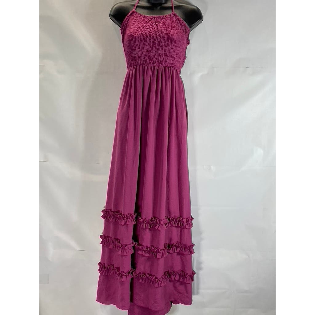 CIDER Women's Violet Solid Shirred Smocked Bodice Halter Maxi Dress SZ M(US6)