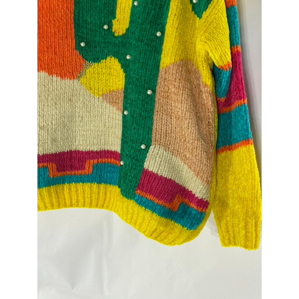 FANTASTIC FASHION Women's Yellow-Multicolor Faux Pearl Cactus Knit Sweater SZ S