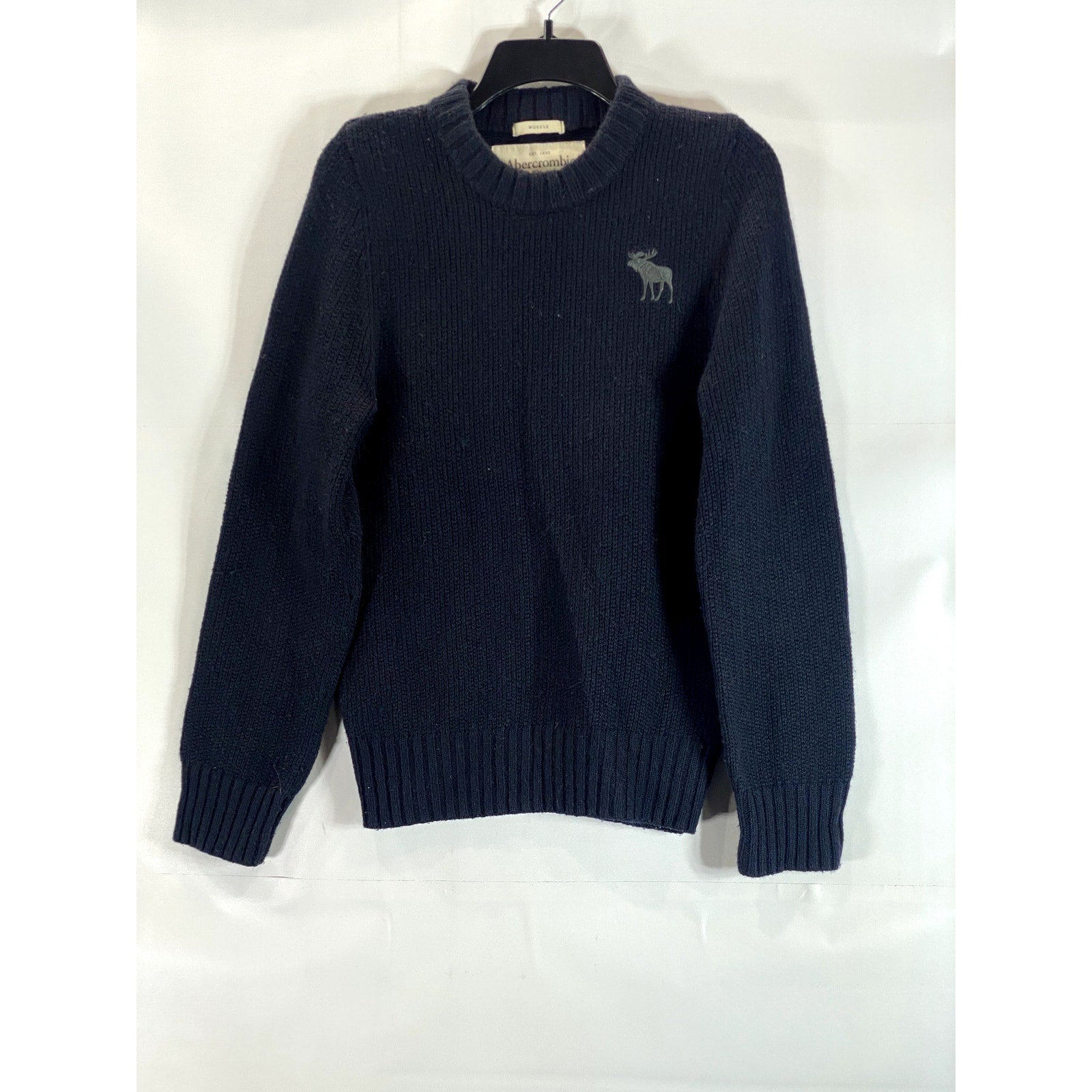 ABERCROMBIE & FITCH Men's Black Knit Crewneck Elbow-Patch Muscle Sweater SZ S