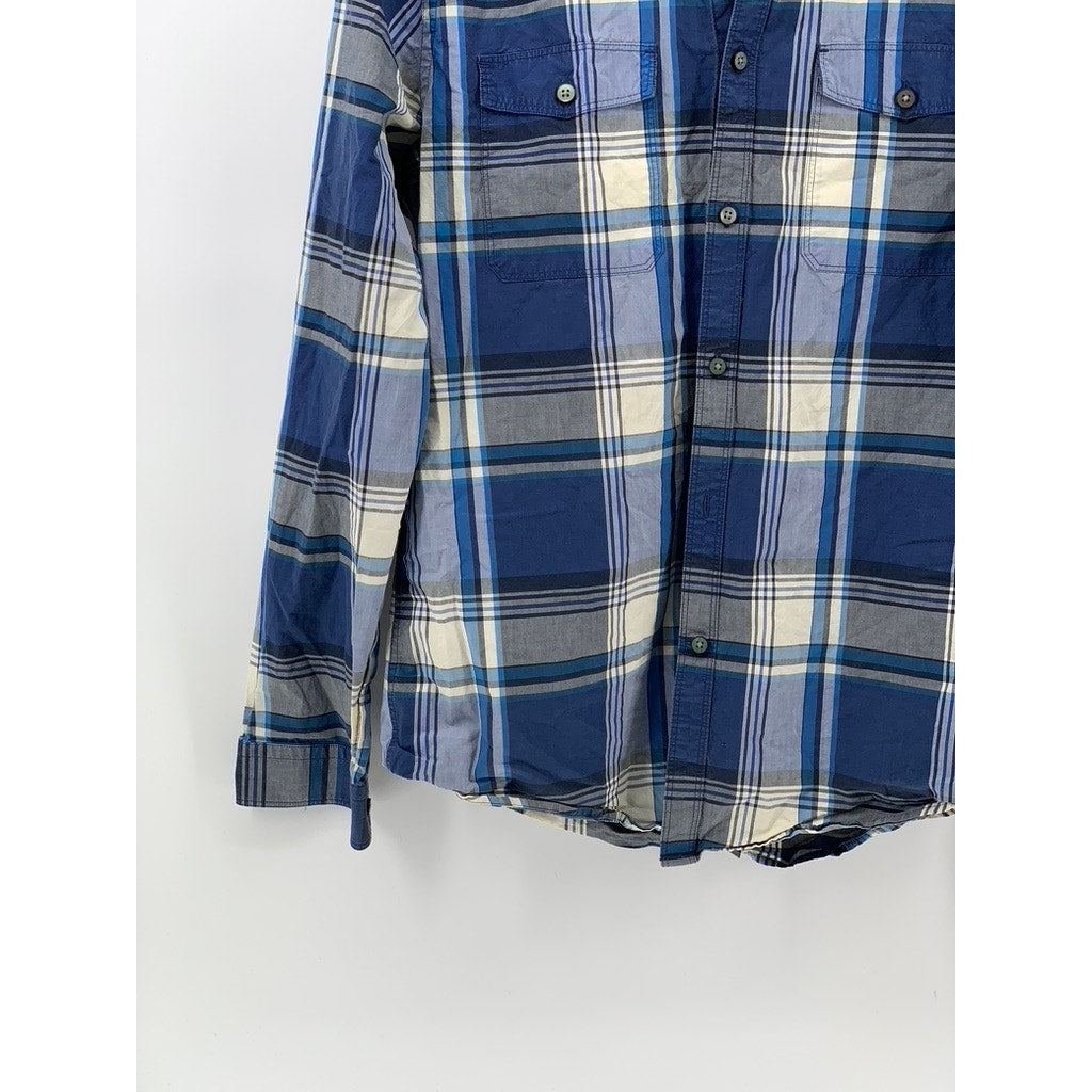 EXPRESS Men's Blue-White Plaid Fitted Cotton Button-Up Long Sleeve Shirt SZ M