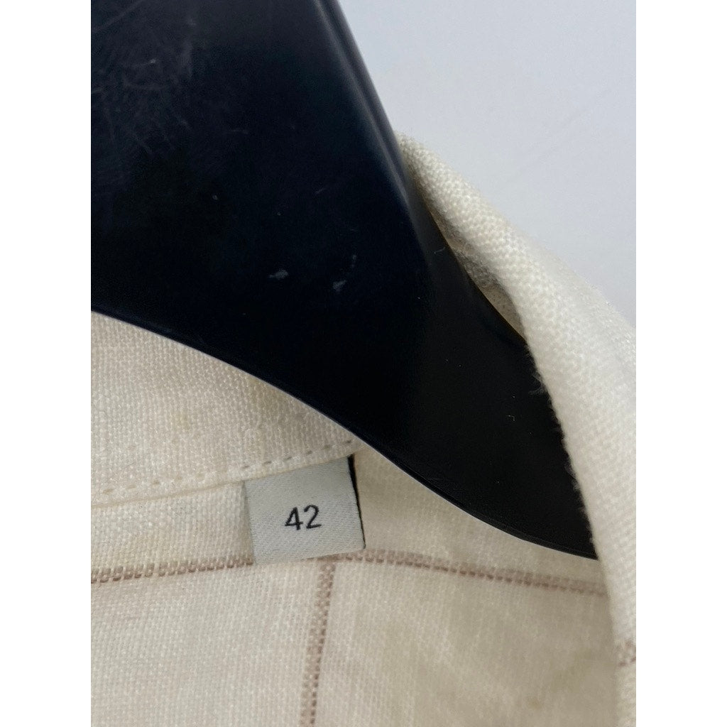 ROHE Women's Off-White Windowpane Linen Button-Up Long Sleeve Shirt SZ 42(US10)