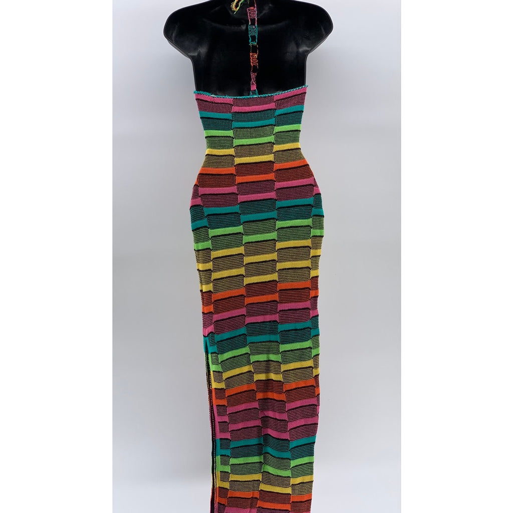 FASHION NOVA Women’s Multicolor Knit Scoop-Neck Side-Slit Maxi Halter Dress SZ S