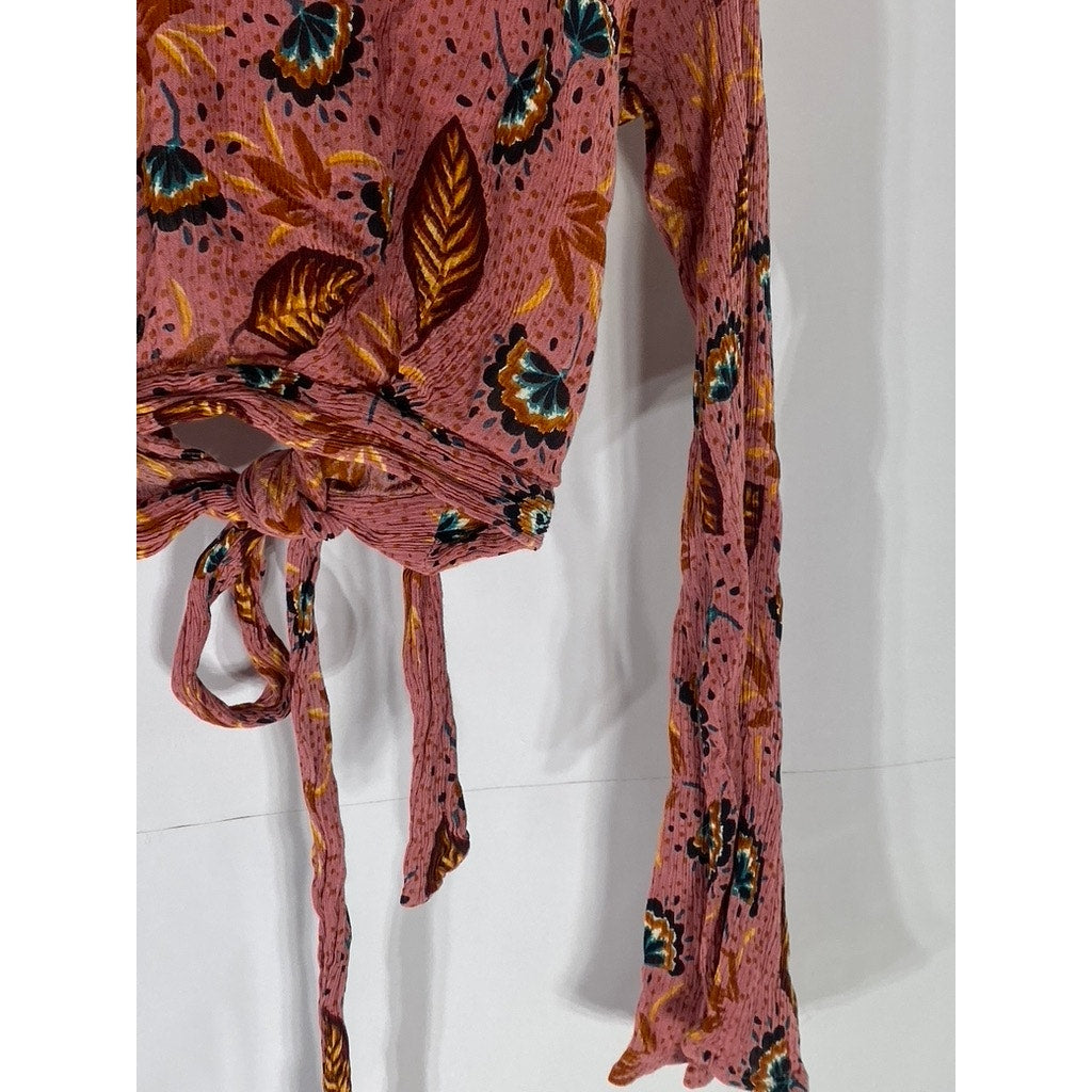 PATRONS OF PEACE Women's Pink Leaf Print Tie-Knot Front Long Sleeve Top SZ M