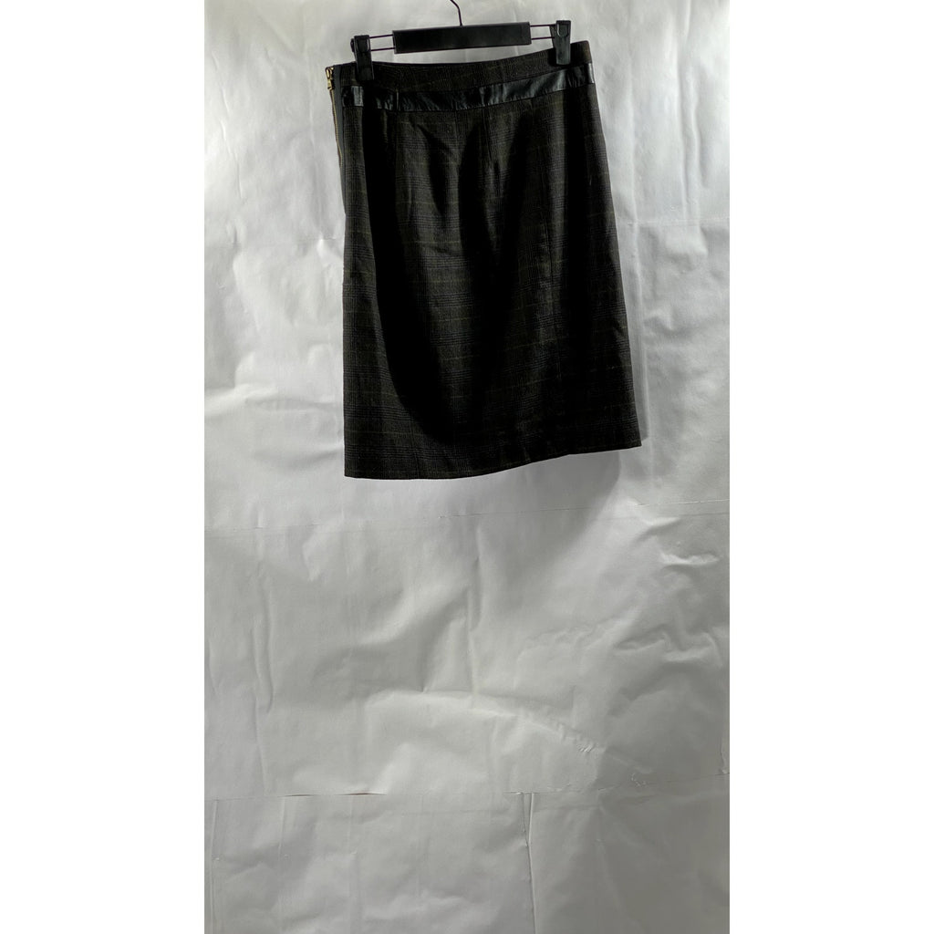 CLUB MONACO Women's Brown Plaid Wool-Blend Leather Trim Side Slit Skirt SZ 2
