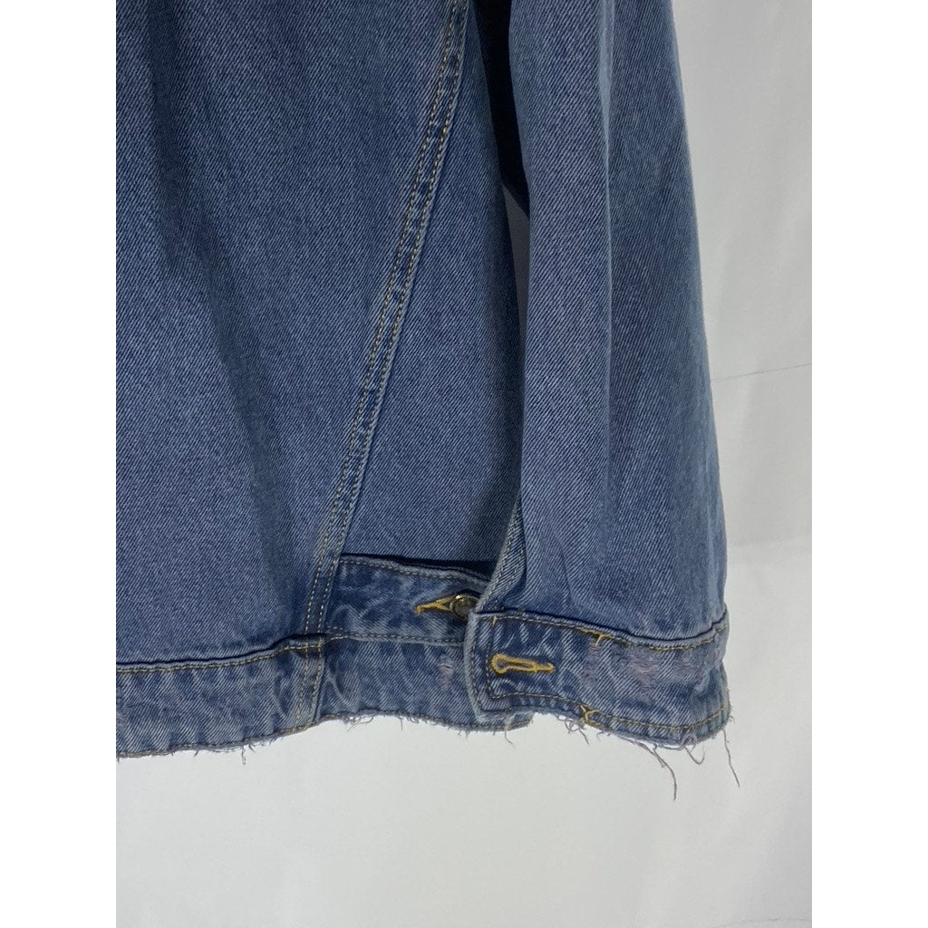 ZARA Women's Dark Navy Blue Denim Distressed Button-Up Oversized Jacket SZ M