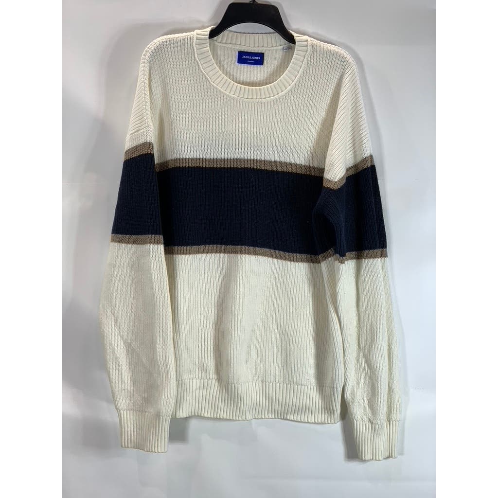 JACK & JONES Men's Cream Navy Colorblock Knit Ribbed Crew Neck Sweater SZ XL