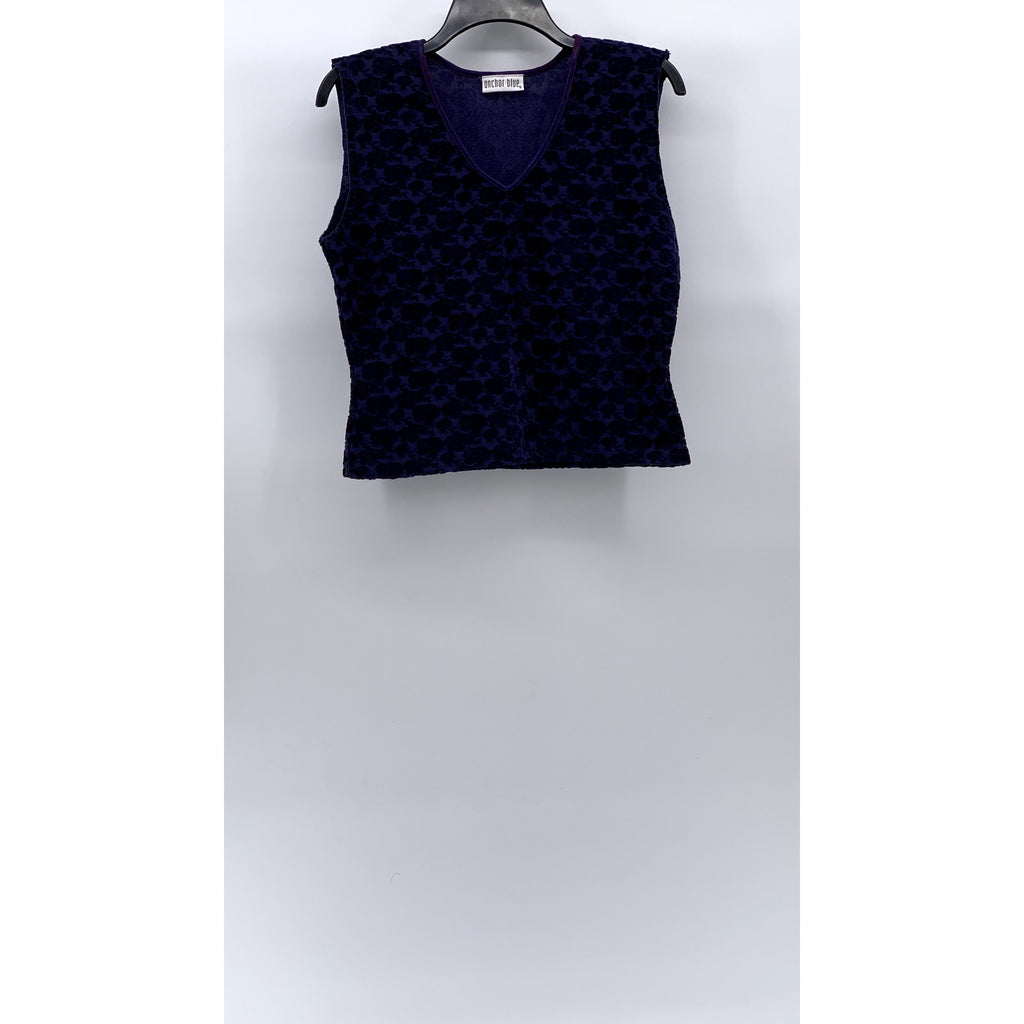 ANCHOR BLUE Women's Blue V-Neck Velvet Rose Print Sleeveless Cropped Top SZ S