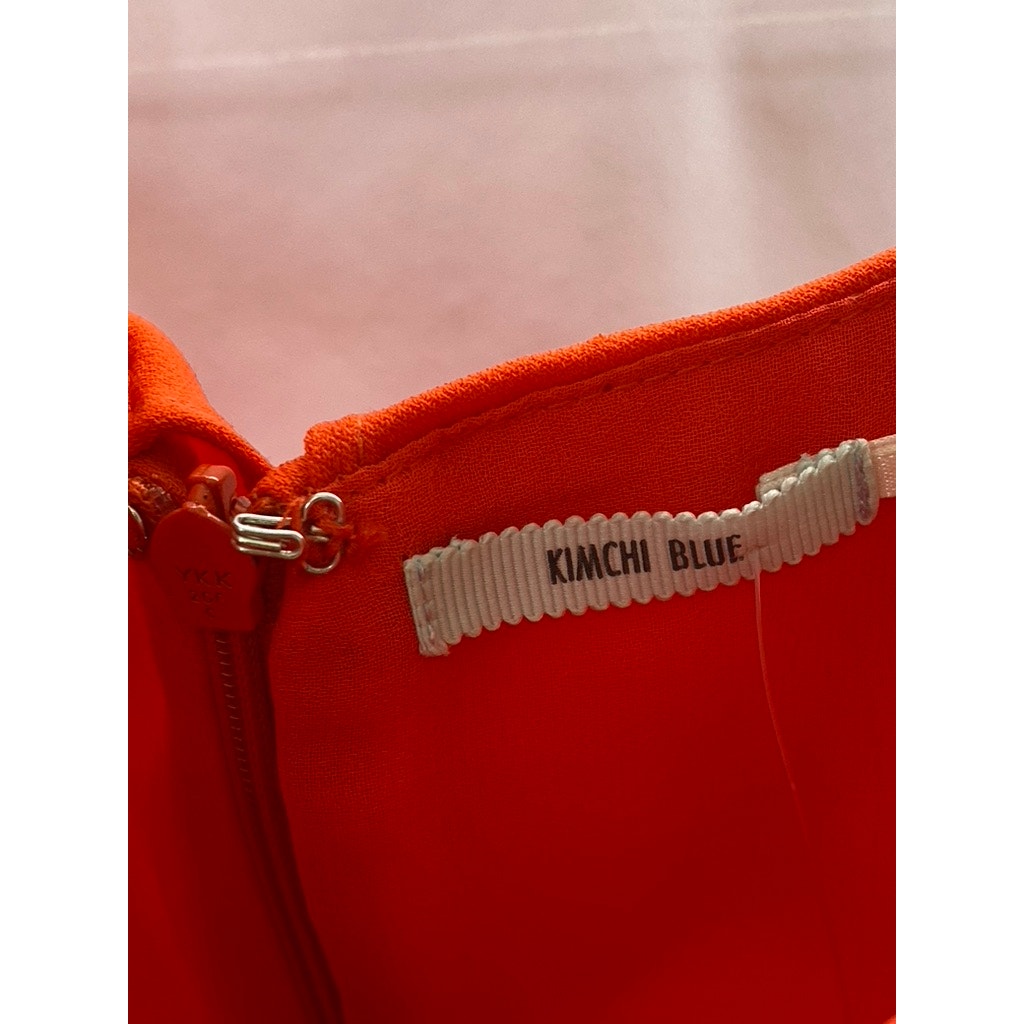 KIMCHI BLUE Women's Red-Orange Solid Ruffle Y-Neck A-Line Mini Dress SZ 8