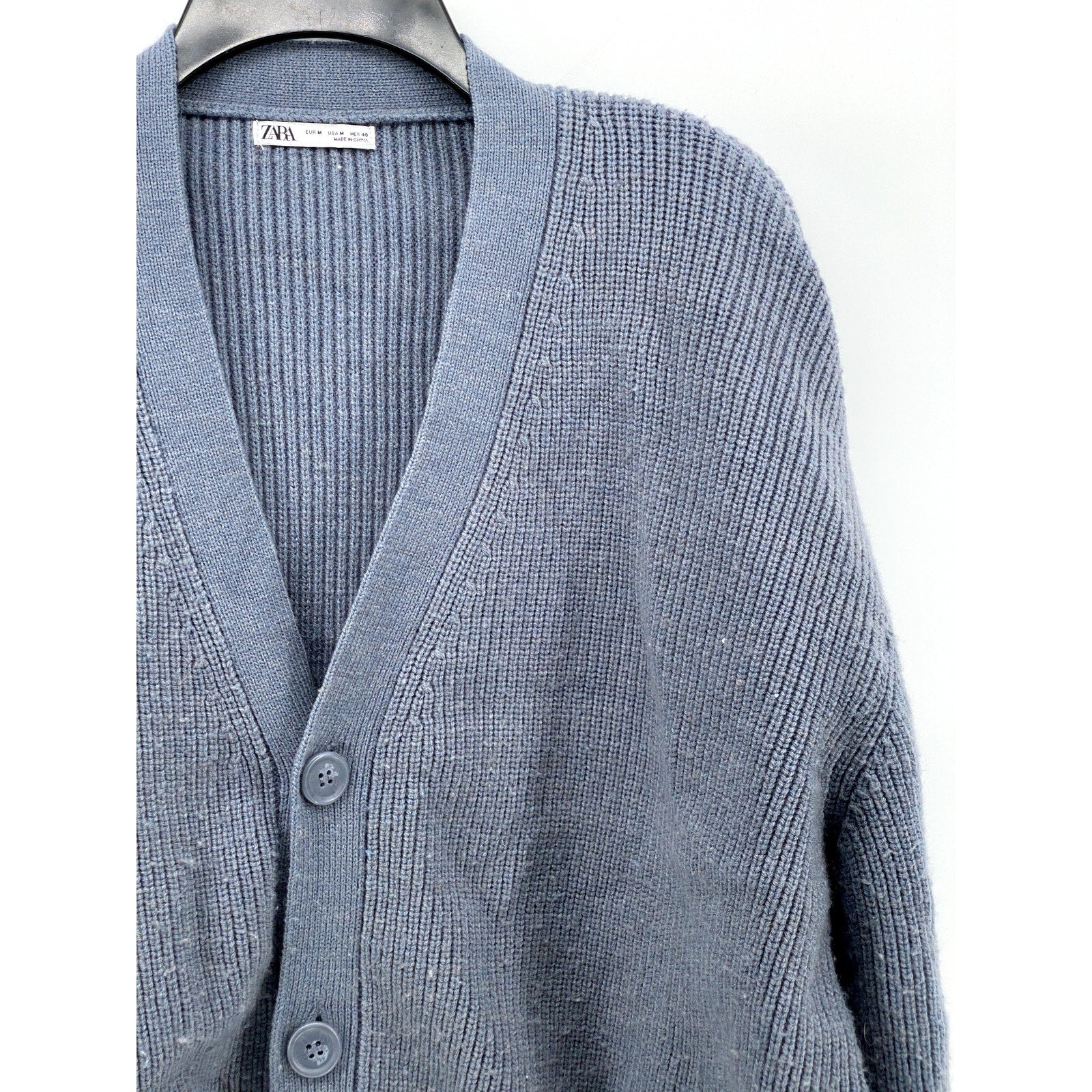 ZARA Men's Blue Ribbed V-Neck Long Sleeve Button-Up Cardigan SZ M