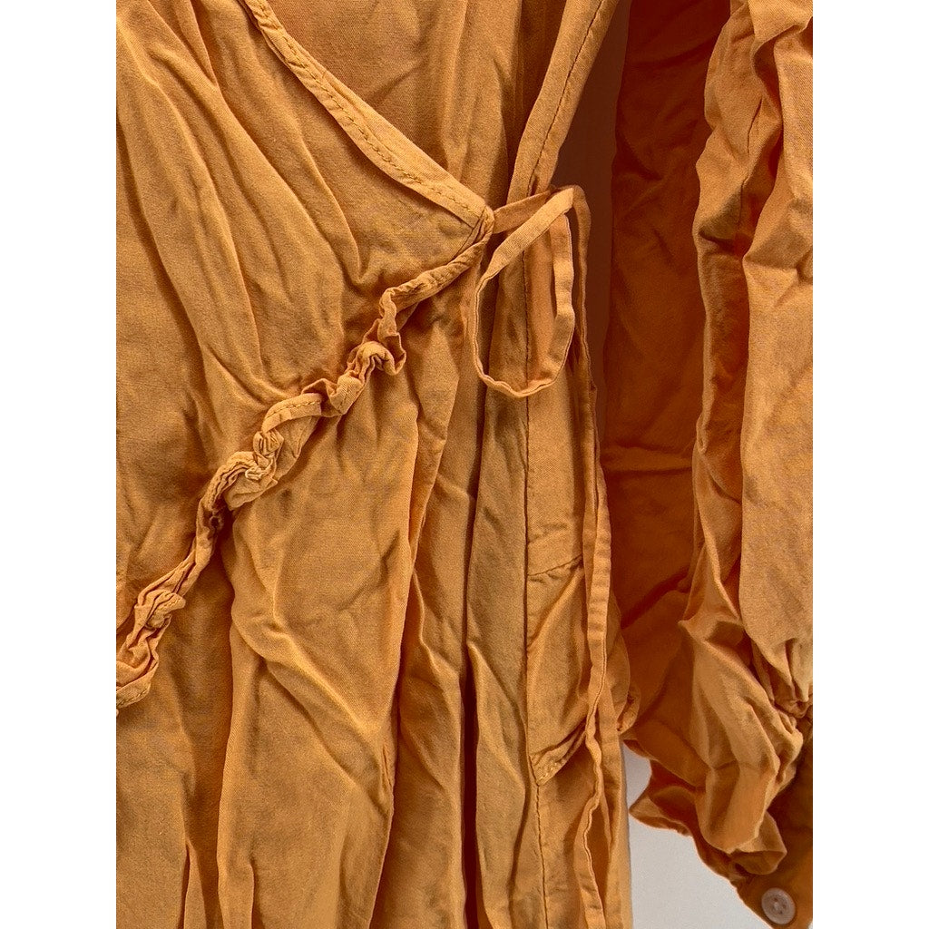 CAPULET Women’s Orange Pansy Asymmetrical Hem Wrap Long Sleeve Dress SZ S