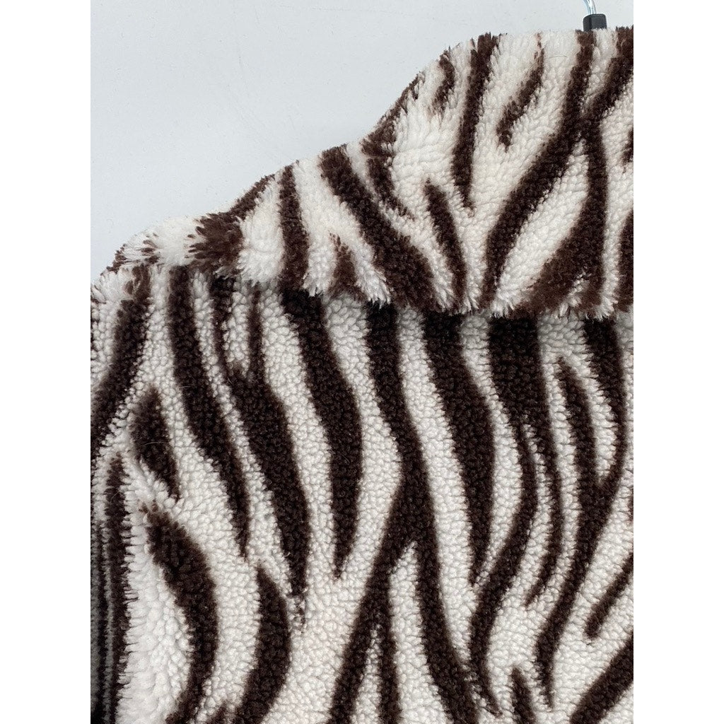 HOUSE OF SUNNY Women’s Brown-Cream Zebra Print Half-Button Teddy Sweater SZ 4