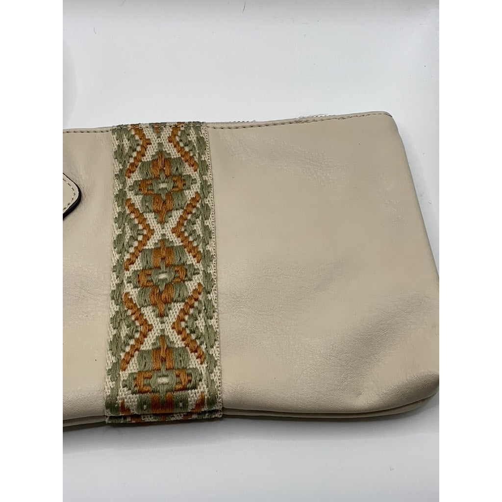 UNBRANDED Women's Beige Faux-Leather Embroidered Geo Center Stripe Wrist Bag