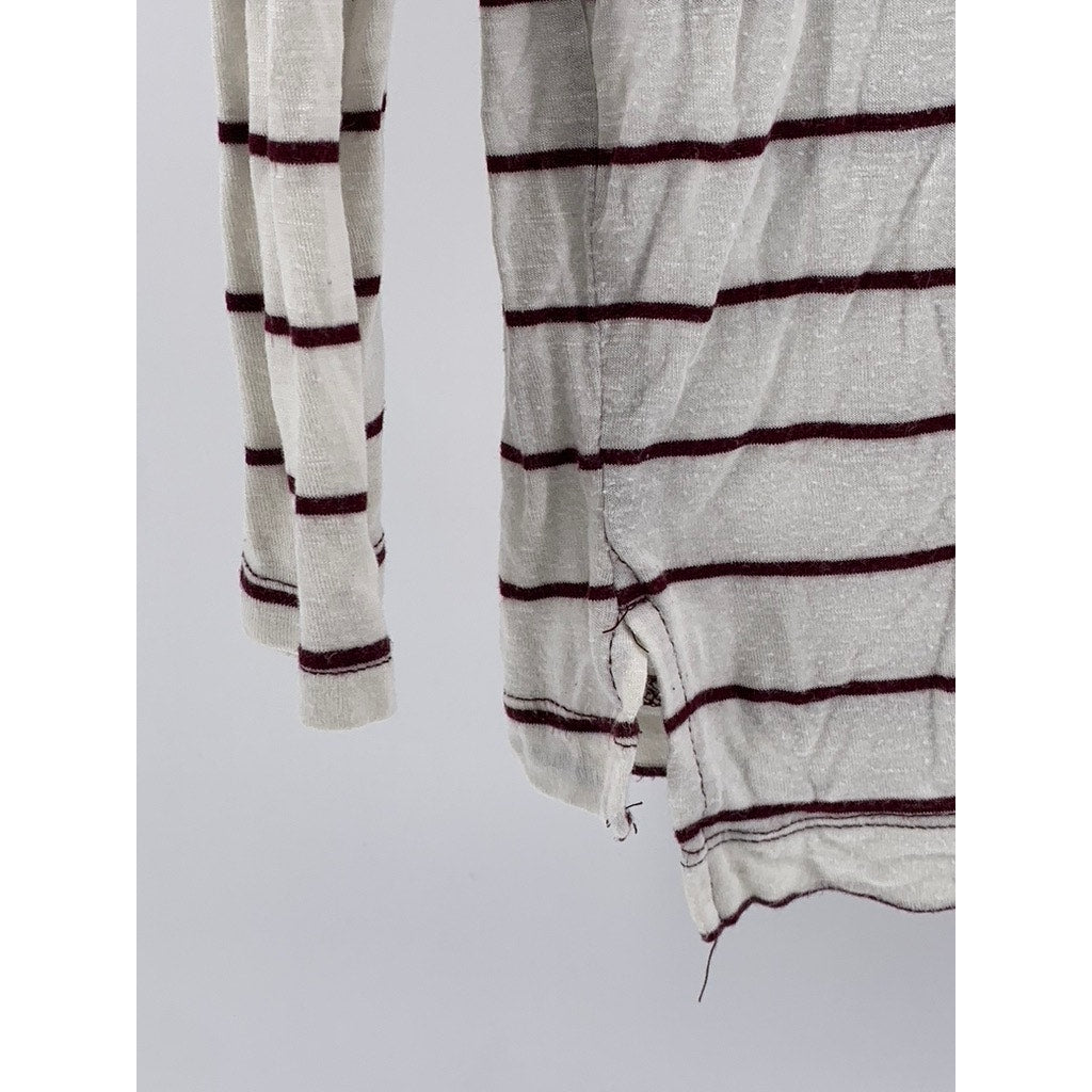 OLD NAVY Women's Burgundy-White Striped Boyfriend Long Sleeve Top SZ M