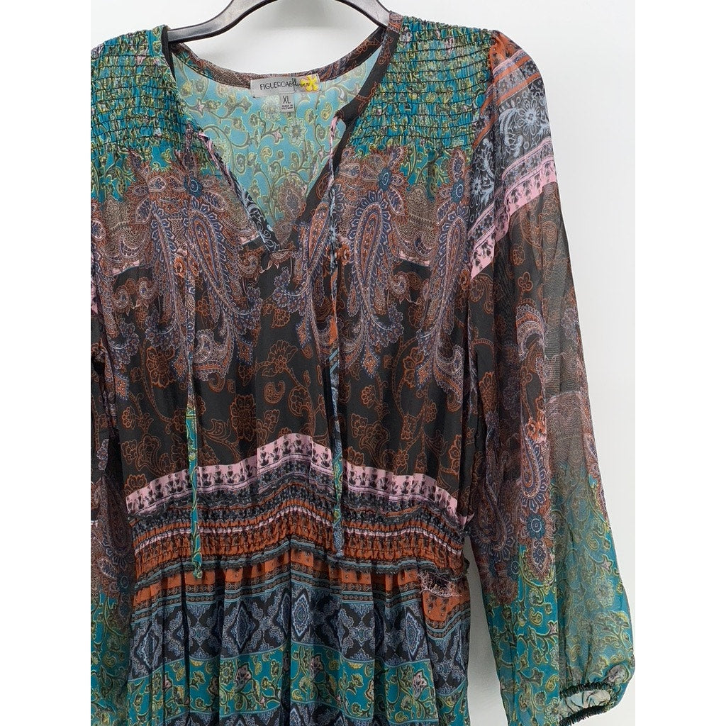 FIGUEROA & FLOWER Women's Black-Multi Print Long Sleeve Tiered Maxi Dress SZ XL