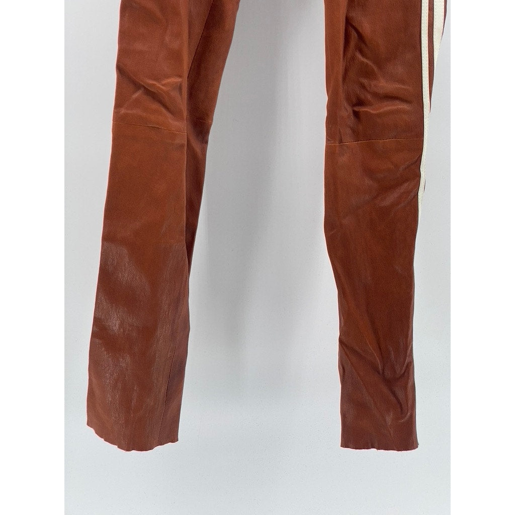 SPRWMN Women's Cognac-White Athletic Striped Capri Leather Leggings SZ S