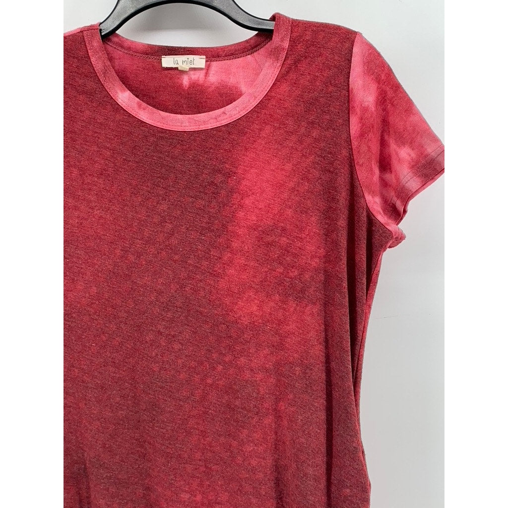 LA MIEL Women's Red Tie-Dye Side Ruched Short Sleeve Crewneck T-Shirt Dress SZ L