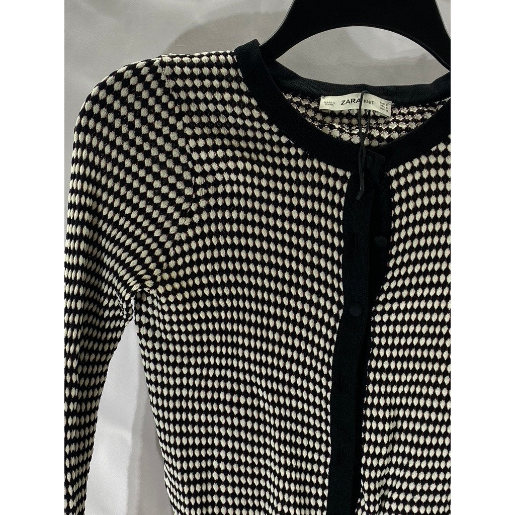 ZARA KNIT Women's Black-White Textured Button-Up Long Sleeve Cardigan SZ S