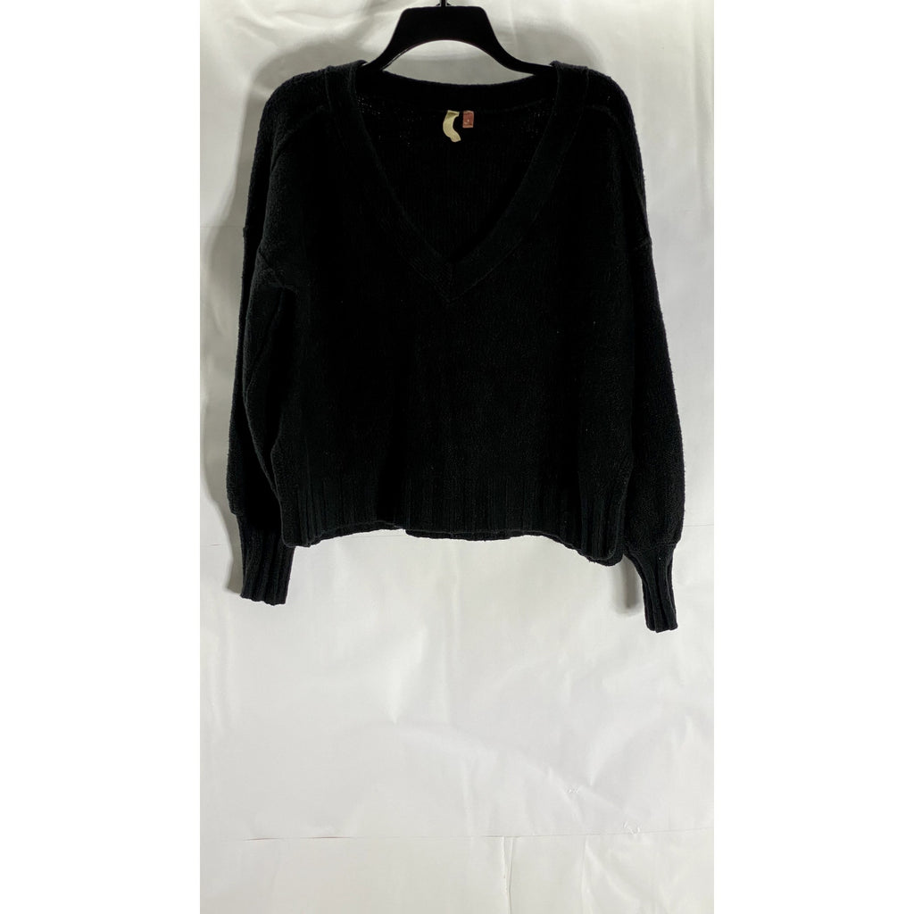 PILCRO Women's Black Solid V-Neck Wide-Cuff Knit Pullover Sweater SZ S