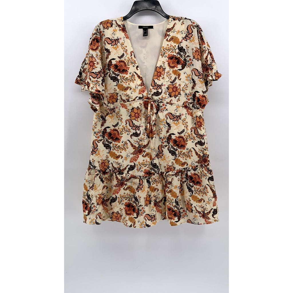 FOREVER 21 Women's Cream-Orange Floral Short Sleeve V-Neck Mini Dress SZ S