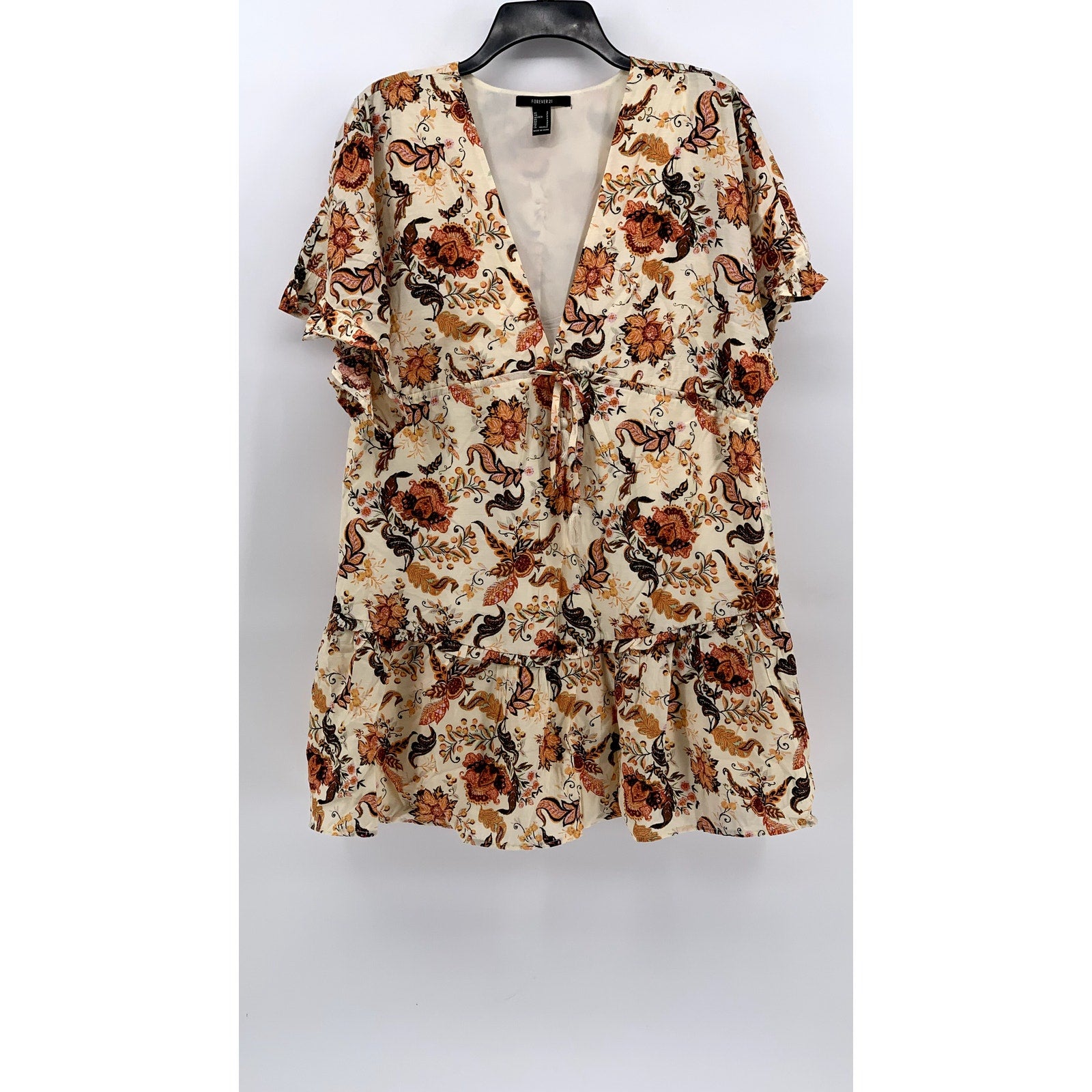FOREVER 21 Women's Cream-Orange Floral Short Sleeve V-Neck Mini Dress SZ S